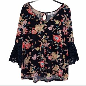 Stem & Vine black floral print blouse lace bell three quarter sleeves size 2X